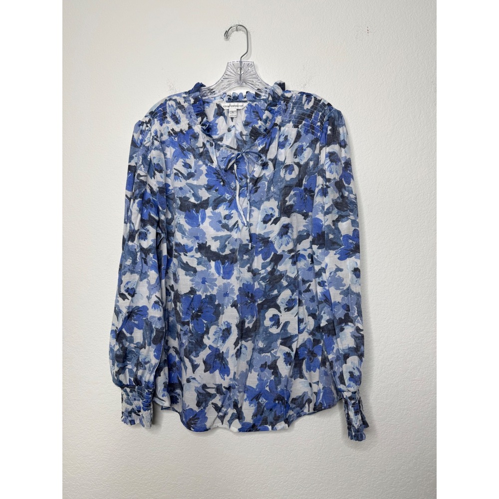 Counterparts Womens Blue Floral Long Sleeve Smocked Blouse Size XL Ruffle Tie